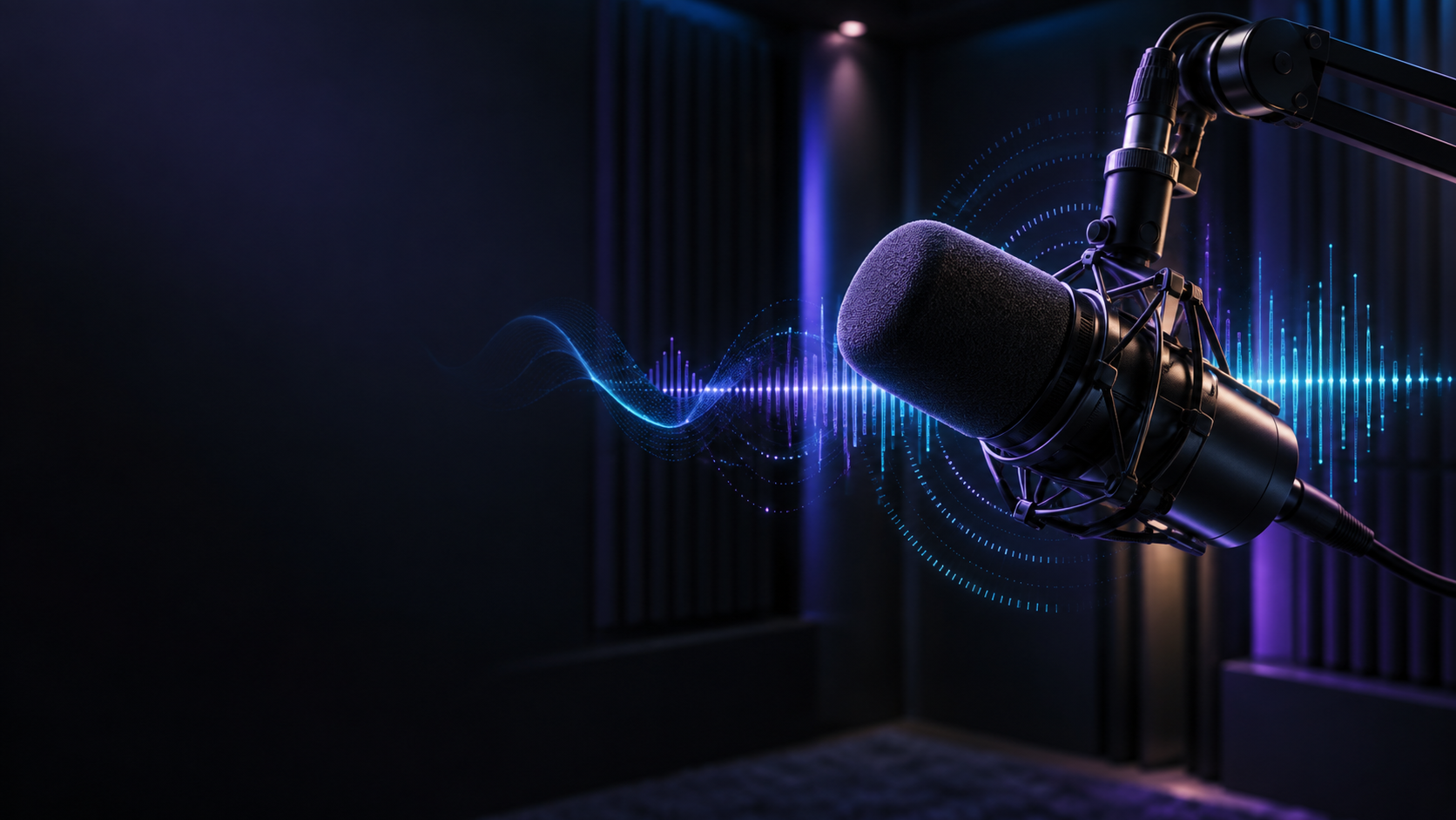 Professional microphone in a dark recording booth